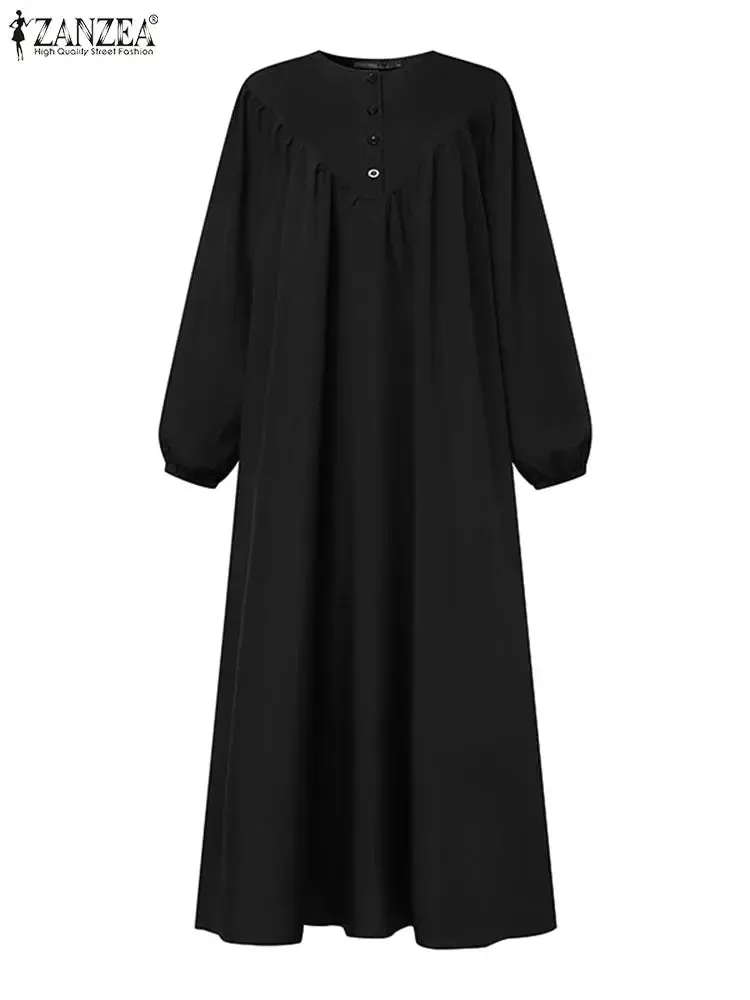 ZANZEA Vintage Muslim Dress - Long Sleeve Pleated Robe 2024