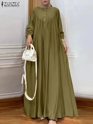 ZANZEA Vintage Muslim Dress - Long Sleeve Pleated Robe 2024