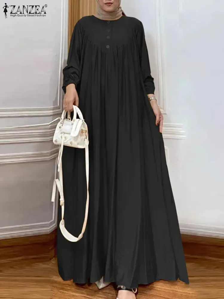 ZANZEA Vintage Muslim Dress - Long Sleeve Pleated Robe 2024